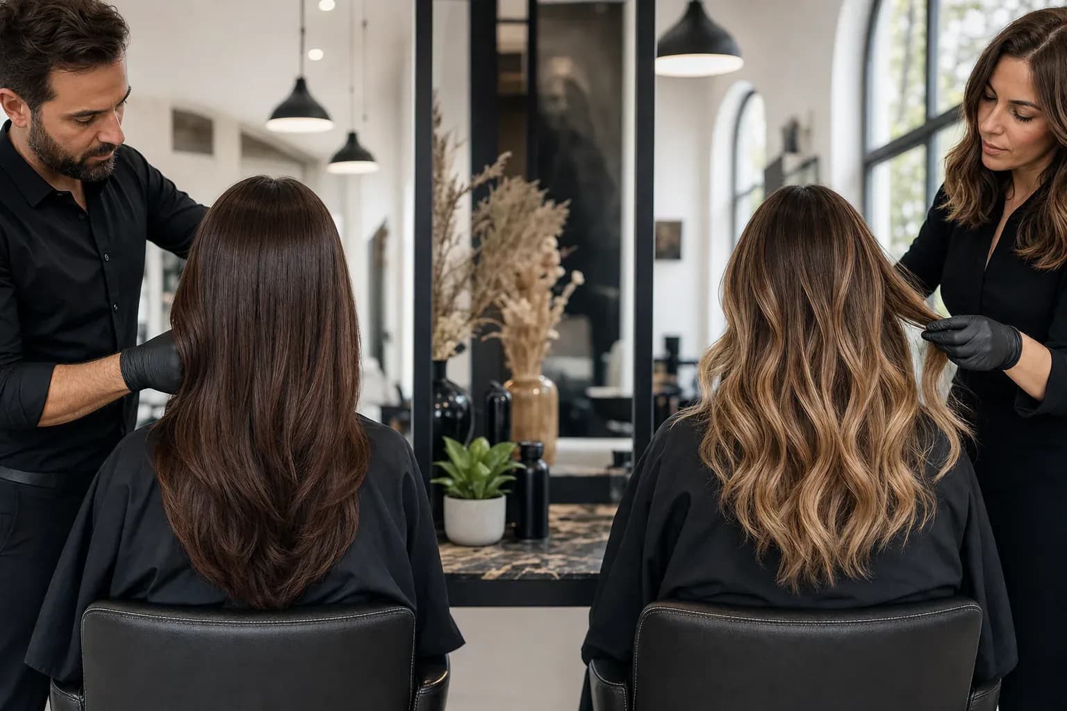 Longs cheveux bouclés blond cendré éclaircis en balayage, vus de dos, dans un salon Jean Bonan