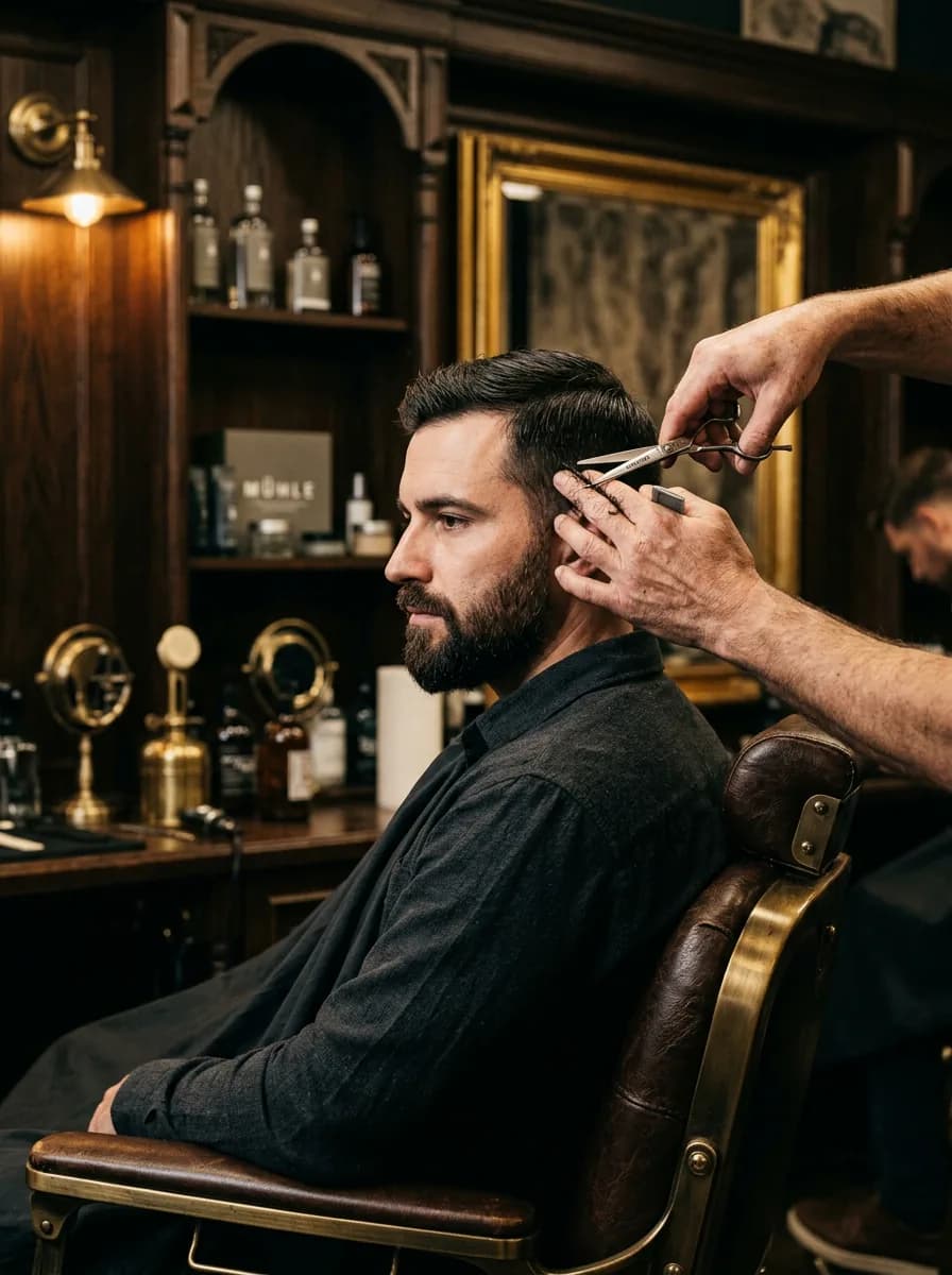 Barbier Jean Bonan taillant la barbe d'un client dans un fauteuil en cuir vintage