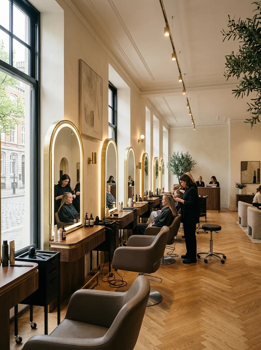 Intérieur du salon de coiffure Jean Bonan : postes de coiffage alignés et miroirs dorés