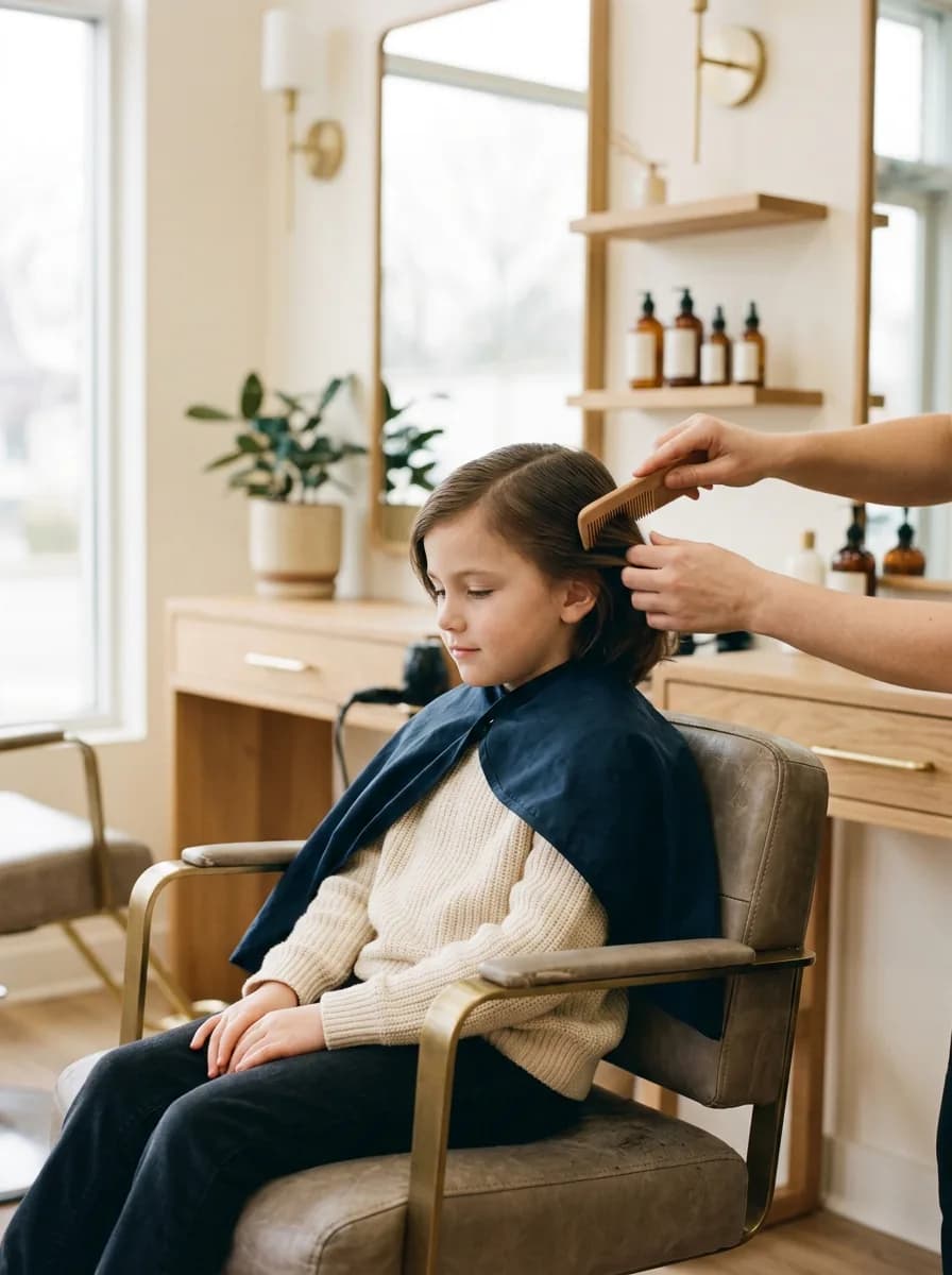 Coiffure enfant chez Jean Bonan : un enfant coiffé au peigne en bois par une coiffeuse en salon
