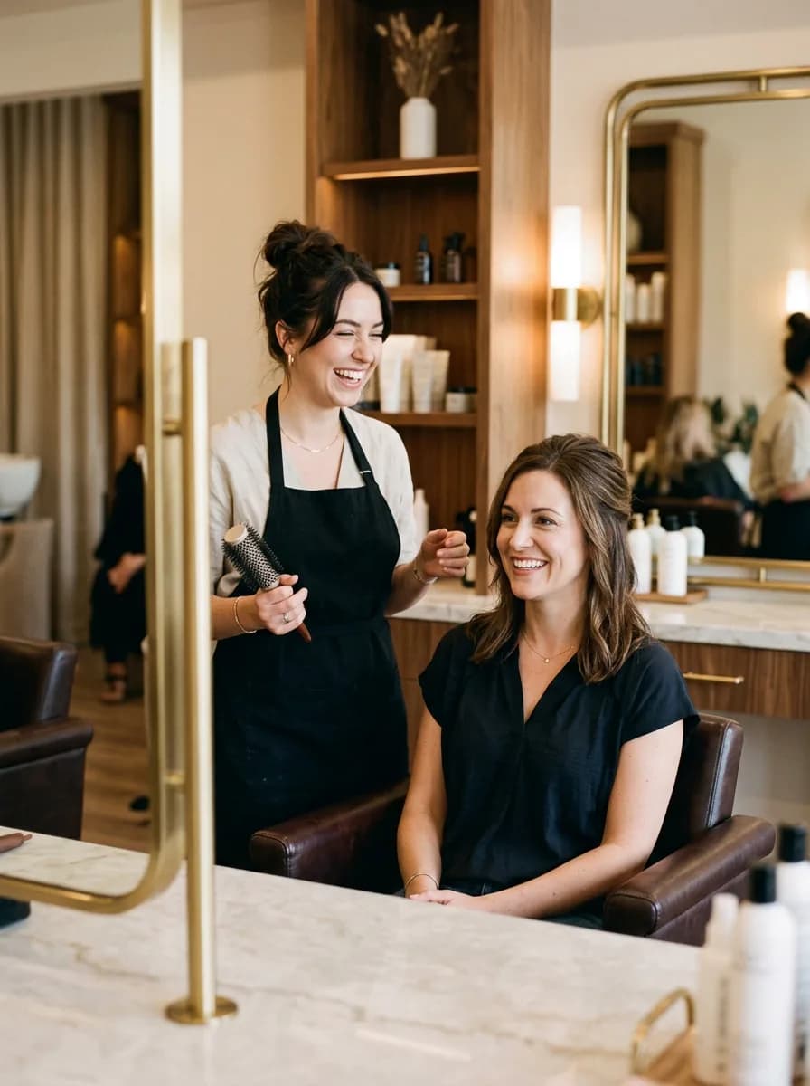 Une coiffeuse Jean Bonan rit avec sa cliente installée en fauteuil pendant le brushing
