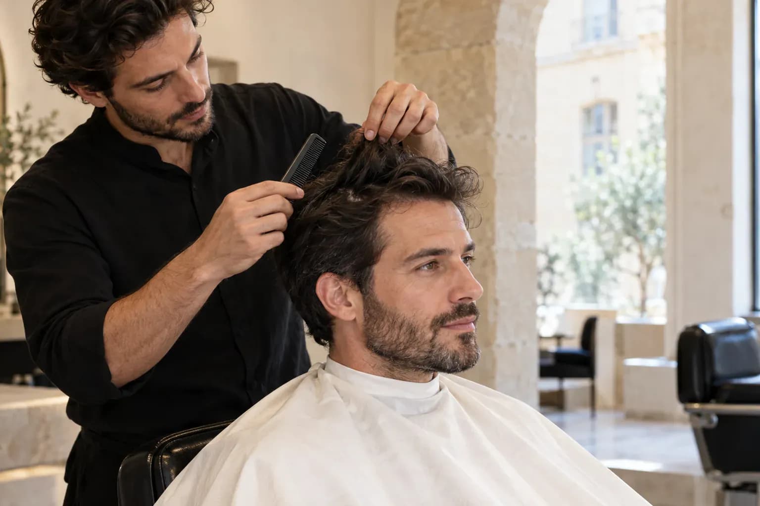 Un barbier Jean Bonan coupe les cheveux d'un homme barbu installé dans un fauteuil en cuir vintage