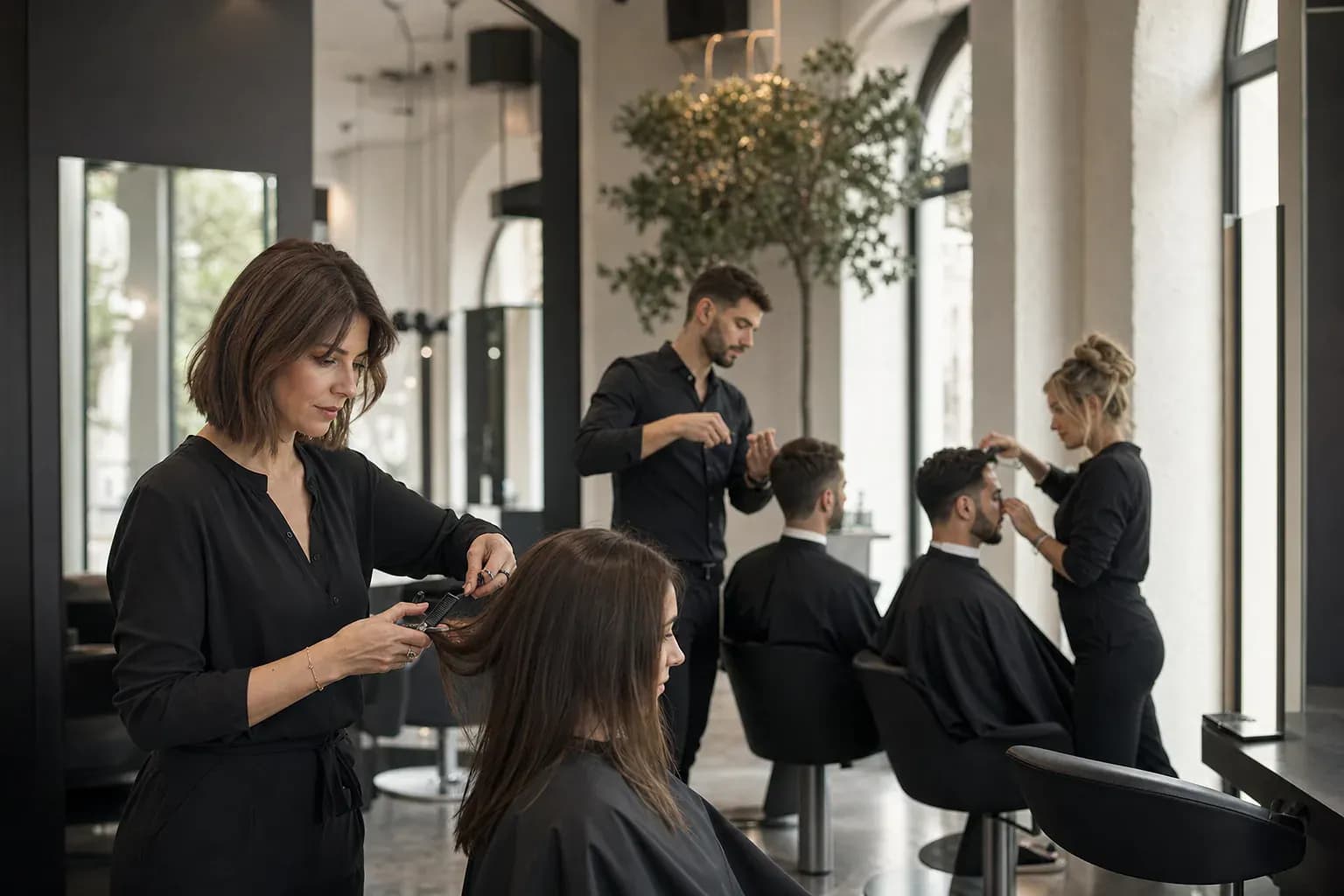 Cliente souriante aux cheveux longs bouclés dans un salon Jean Bonan, coupe entretenue
