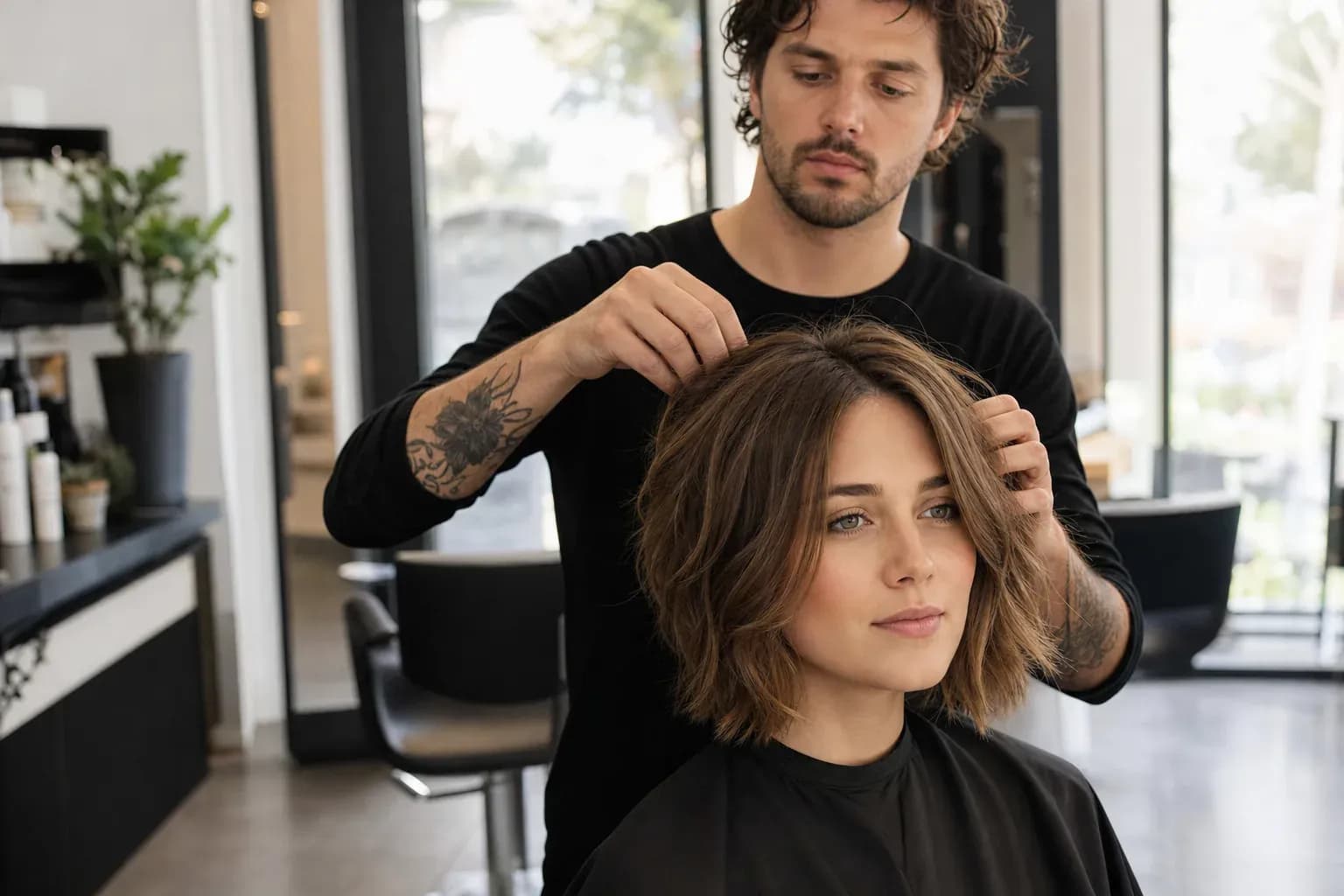 Jeune femme souriante aux cheveux longs bouclés dans un salon Jean Bonan, coupe adaptée à la forme du visage